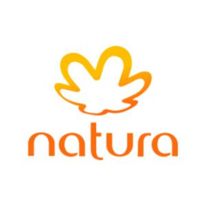 Logotipo Natura: Uma espécies de folha minimalista arredondada, em cor degradê amarela no topo e laranja na base