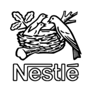 Logotipo Nestlé: Num ninho sobre um galho, passarinho com dois filhotes